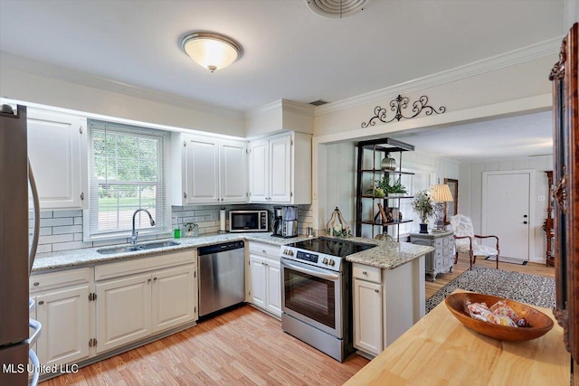 kitchen featuring kitchen peninsula, white cabinetry, light wood-type flooring, sink, and stainless steel appliances