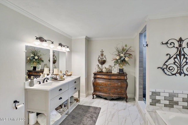 bathroom featuring vanity, crown molding, and plus walk in shower