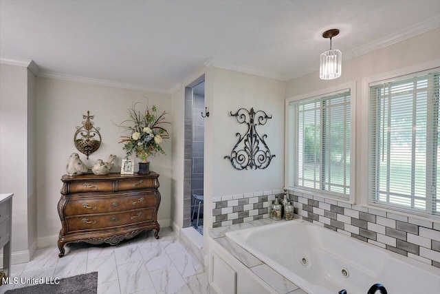 bathroom with vanity, crown molding, and plus walk in shower