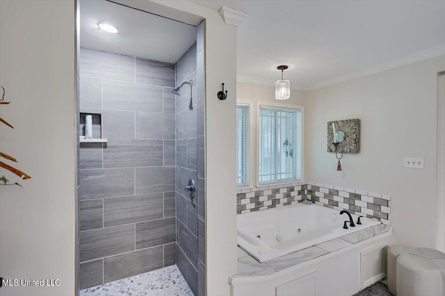 bathroom with independent shower and bath and ornamental molding