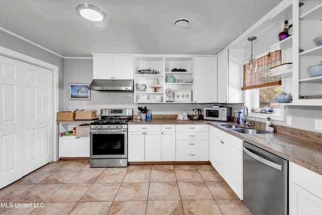 kitchen featuring appliances with stainless steel finishes, stone counters, under cabinet range hood, open shelves, and a sink