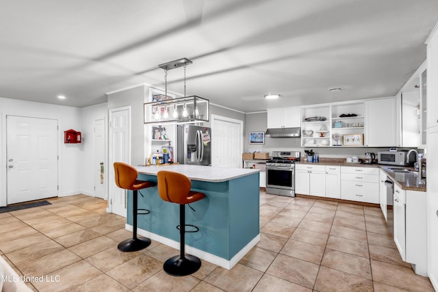 kitchen with appliances with stainless steel finishes, white cabinetry, under cabinet range hood, and open shelves