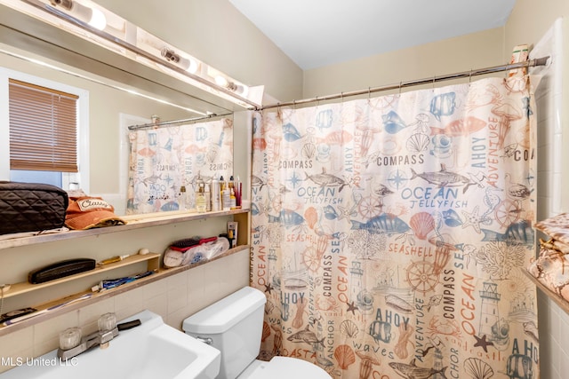 bathroom with toilet, a shower with curtain, and a sink