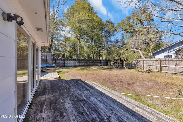 wooden deck with a fenced backyard, a trampoline, and a yard