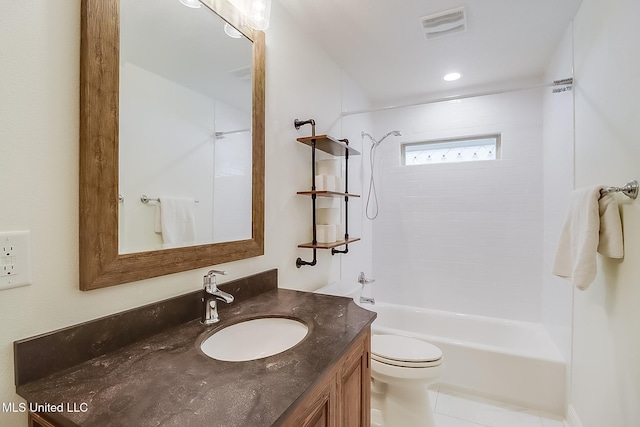 full bathroom featuring washtub / shower combination, vanity, and toilet