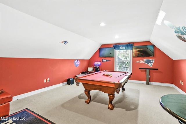 playroom featuring pool table, light colored carpet, and vaulted ceiling