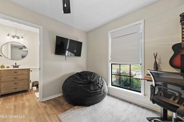 office area featuring light wood-type flooring, ceiling fan, and sink