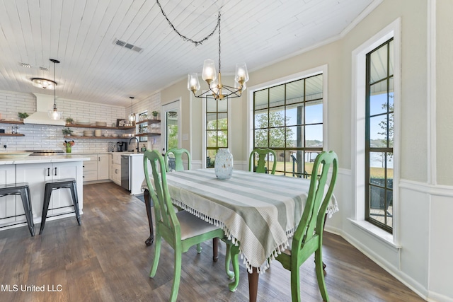 dining area with a notable chandelier, dark wood-type flooring, wood ceiling, and ornamental molding