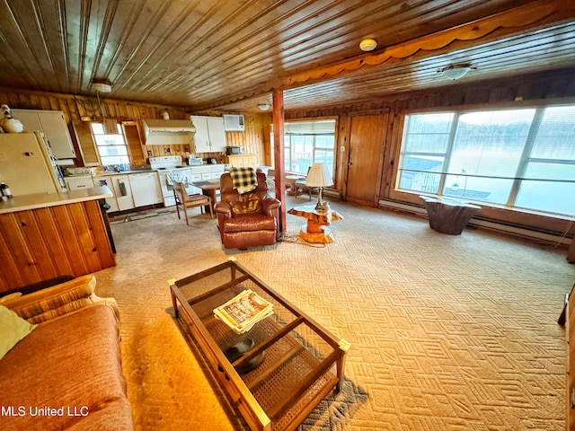 living room with wooden ceiling