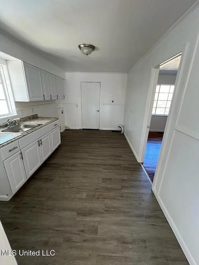 kitchen with white cabinets, dark hardwood / wood-style flooring, crown molding, and sink