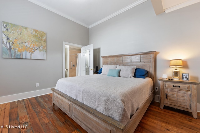 bedroom with dark hardwood / wood-style floors and ornamental molding