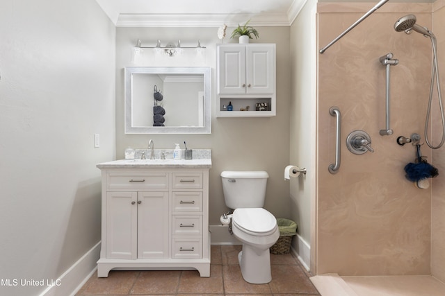 bathroom featuring ornamental molding, vanity, a shower, tile patterned floors, and toilet