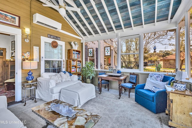 interior space with wood walls, carpet, an AC wall unit, and beamed ceiling