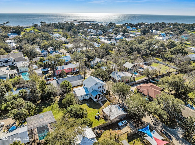 aerial view featuring a water view and a residential view