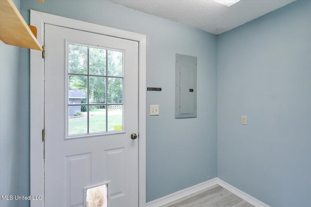 315 Wilson Welch Rd, Mendenhall, MS 39114 - doorway to outside with electric panel, healthy amount of natural light, baseboards, light wood-type flooring, and a textured ceiling