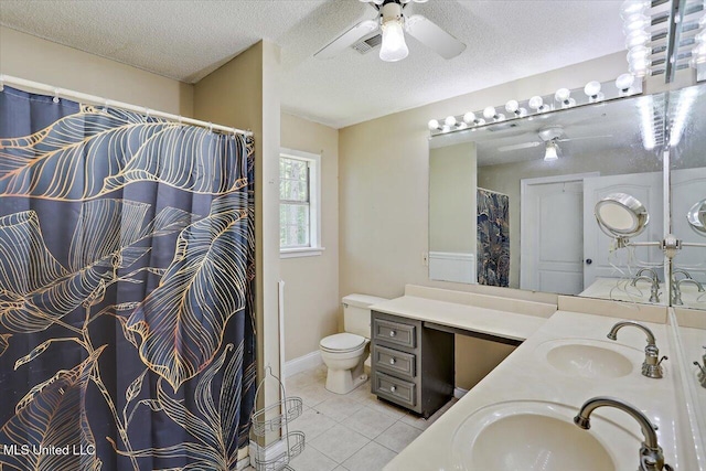 315 Wilson Welch Rd, Mendenhall, MS 39114 - full bathroom featuring toilet, double vanity, tile patterned flooring, a ceiling fan, and a textured ceiling