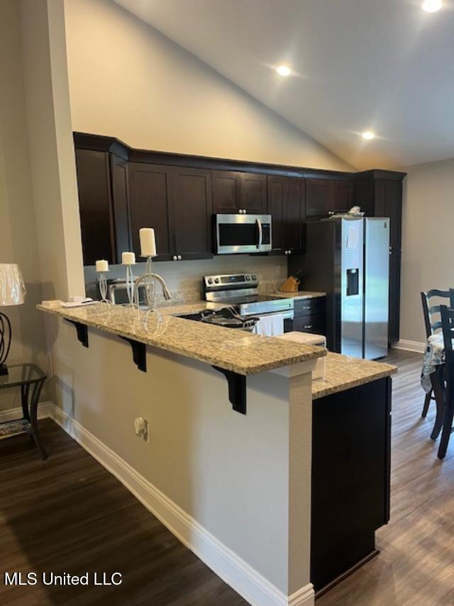 kitchen with appliances with stainless steel finishes, light stone countertops, a peninsula, vaulted ceiling, and a kitchen bar