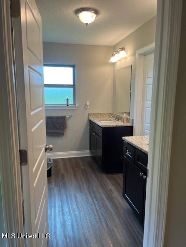 bathroom with wood finished floors, vanity, and baseboards