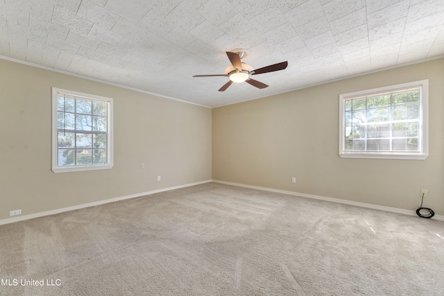 carpeted empty room featuring crown molding and ceiling fan