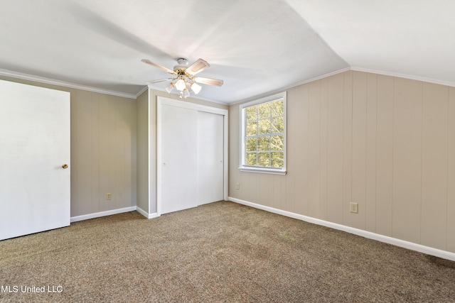 additional living space featuring a ceiling fan, vaulted ceiling, carpet, and baseboards