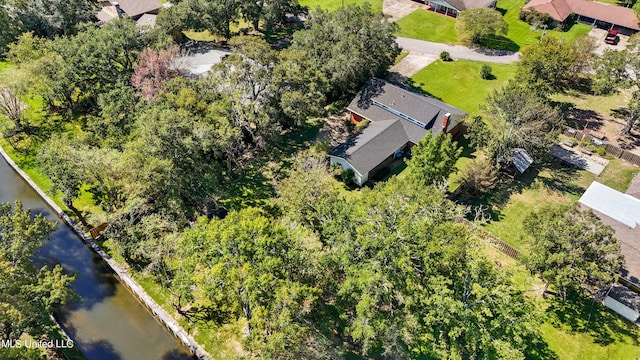 bird's eye view with a water view