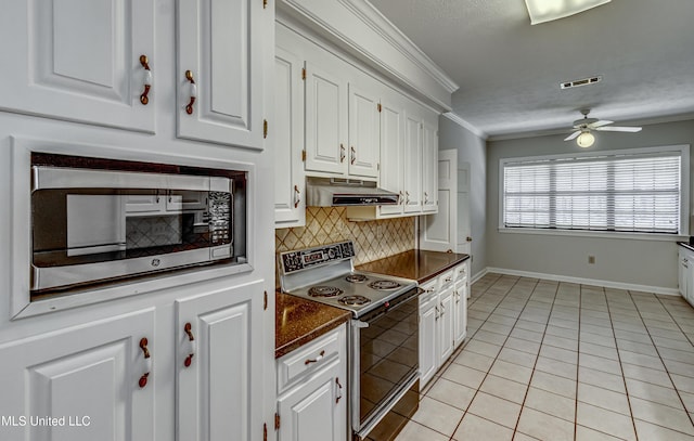 kitchen with electric range oven, stainless steel microwave, white cabinetry, and under cabinet range hood