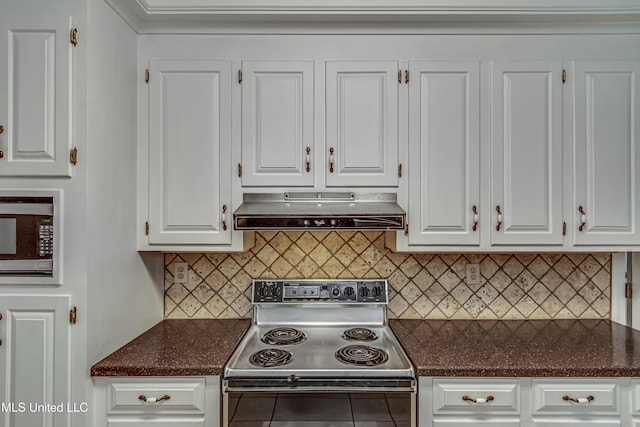 kitchen featuring under cabinet range hood, white cabinets, backsplash, electric range oven, and stainless steel microwave