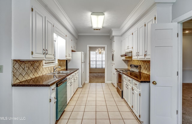 kitchen featuring crown molding, stainless steel electric stove, dark countertops, a sink, and dishwasher