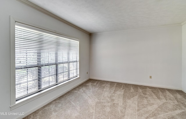 spare room featuring light carpet, baseboards, and crown molding