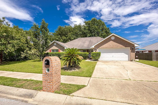 ranch-style house featuring a front yard and a garage