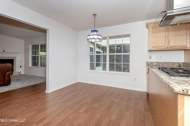 unfurnished dining area featuring a tiled fireplace, a textured ceiling, and hardwood / wood-style flooring