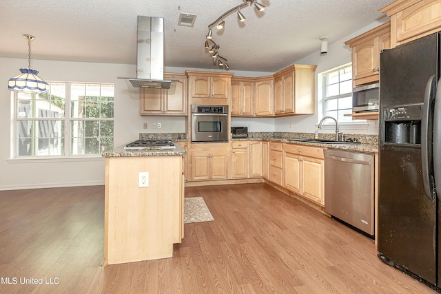 kitchen with appliances with stainless steel finishes, island range hood, sink, light brown cabinets, and light hardwood / wood-style floors