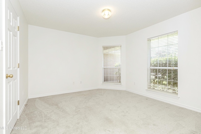 unfurnished room with light colored carpet and a textured ceiling