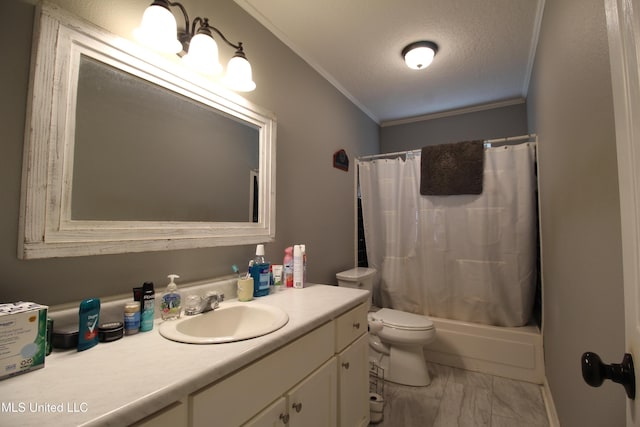 full bathroom featuring toilet, shower / bathtub combination with curtain, a textured ceiling, crown molding, and vanity