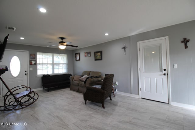 living room featuring ceiling fan