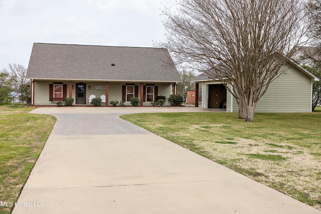 view of front of home featuring concrete driveway, a front yard, covered porch, a garage, and a shingled roof