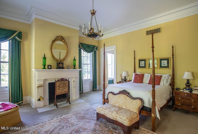 bedroom featuring multiple windows, a chandelier, light carpet, and crown molding