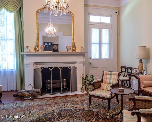 living room featuring plenty of natural light and crown molding