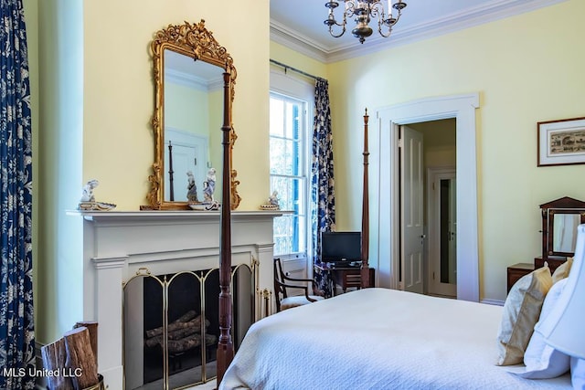 bedroom with an inviting chandelier and crown molding