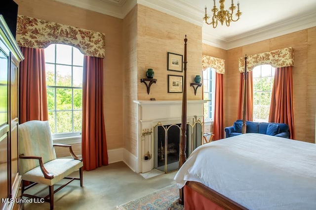 carpeted bedroom with an inviting chandelier