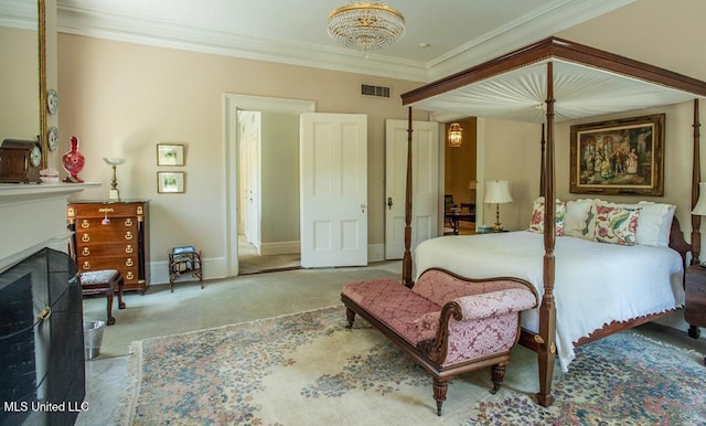 bedroom featuring an inviting chandelier and crown molding