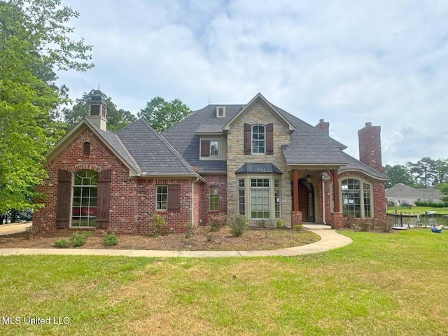 162 Lake Ridge Dr, Madison, MS 39110 - view of front of home featuring stone siding, a chimney, a front yard, and brick siding