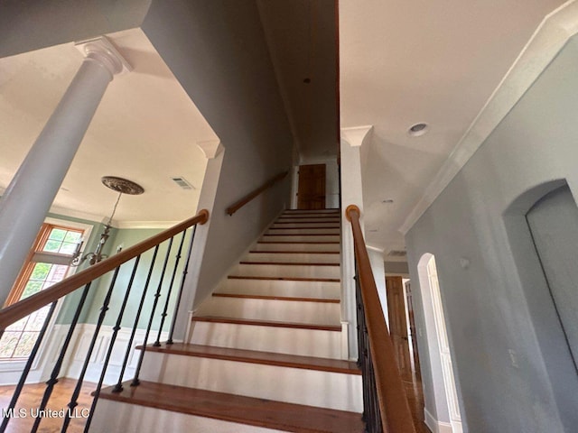 162 Lake Ridge Dr, Madison, MS 39110 - stairway featuring ornamental molding and wood finished floors