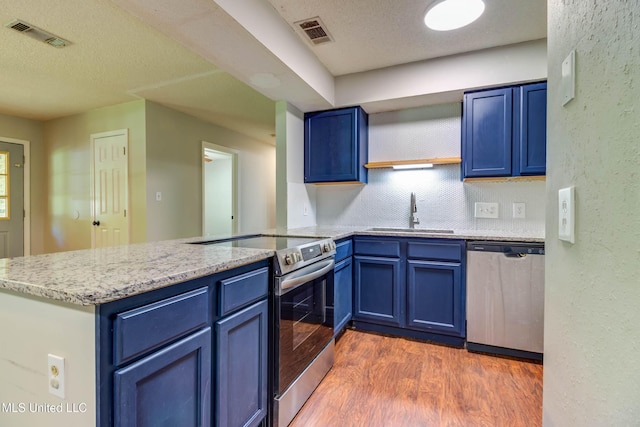 3217 N 2nd St, Ocean Springs, MS 39564 - kitchen with a sink, stainless steel appliances, a peninsula, blue cabinetry, and a textured ceiling