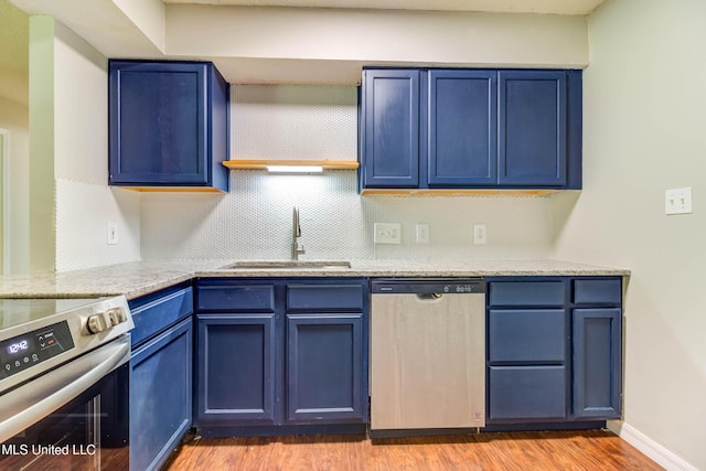 3217 N 2nd St, Ocean Springs, MS 39564 - kitchen featuring stainless steel appliances, a sink, and blue cabinetry