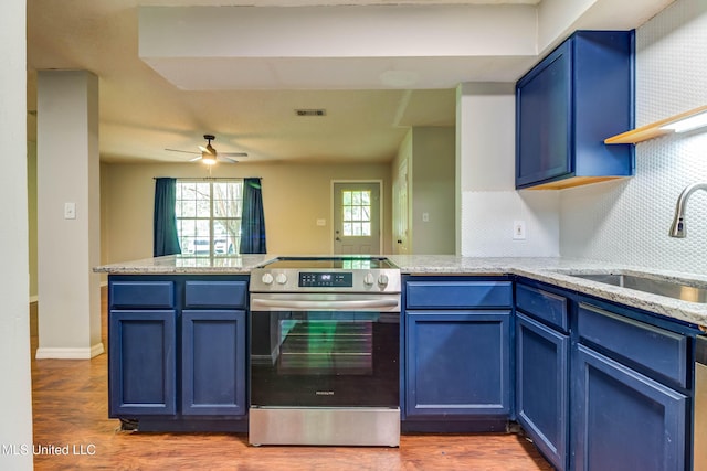 3217 N 2nd St, Ocean Springs, MS 39564 - kitchen featuring stainless steel electric stove, a peninsula, a sink, and blue cabinets