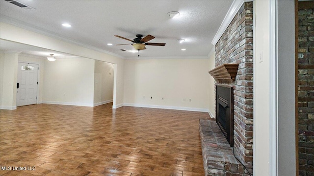 112 Eastgate Cir, Forest, MS 39074 - unfurnished living room featuring a ceiling fan, wood finished floors, ornamental molding, a brick fireplace, and recessed lighting