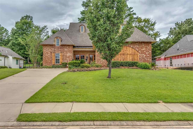 french country inspired facade featuring roof with shingles, a front lawn, and brick siding