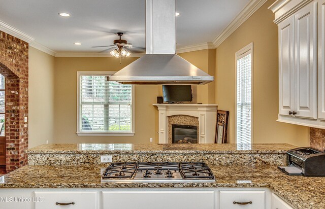 kitchen with stainless steel gas cooktop, ornamental molding, a healthy amount of sunlight, and island range hood