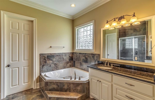 bathroom with vanity, ornamental molding, a shower stall, and a bath